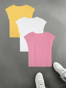 Vest Top Women Color Cotton Solid V - Neck Tank Top 3 - Pack Skin - Friendly Breathable Basic Inner/Top De Mujer Outer Wear Summer Tops For Vacation - 白色+玫紅色+黃色 - 查看 2