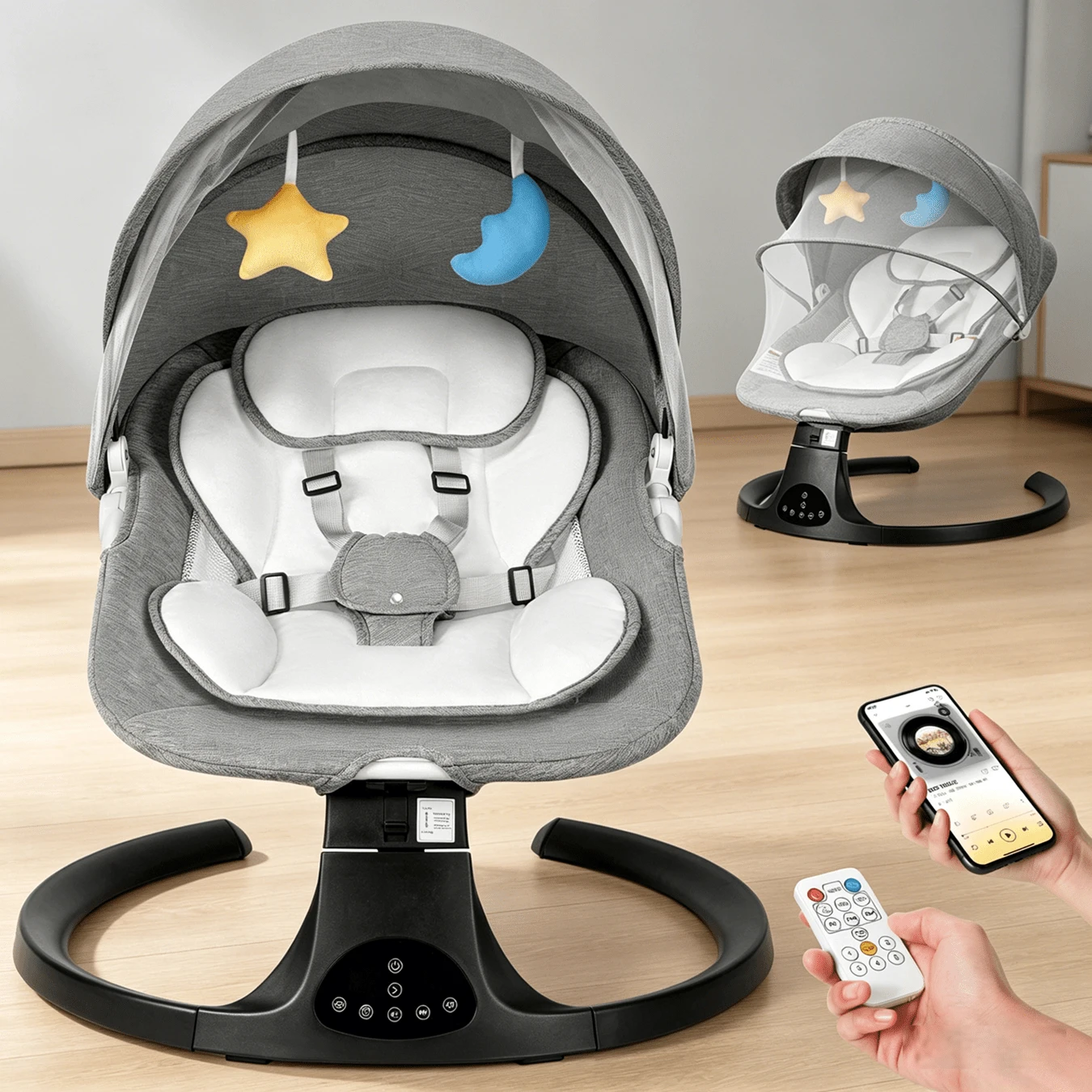 Baby Swing & Bouncer For Newborns, Infant Electric Cradle With Music Speaker, 3 Seat Positions, 10 Lullabies, 5 Speed Settings, Remote Control & Dual Power Supply,Mother's Day Gift - 新灰色 - 查看 1
