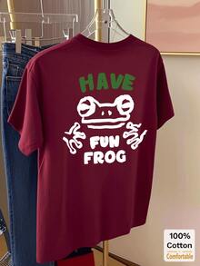 Cute Cartoon Print Short Sleeve Mid-Length T-Shirt, Women's Casual Blouse Summer - Burgundy - View 3