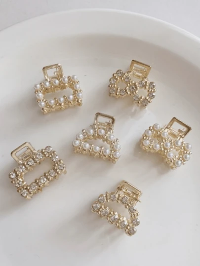4pcs Women Metal Faux Pearl & Rhinestone Hair Clips, Random Styles