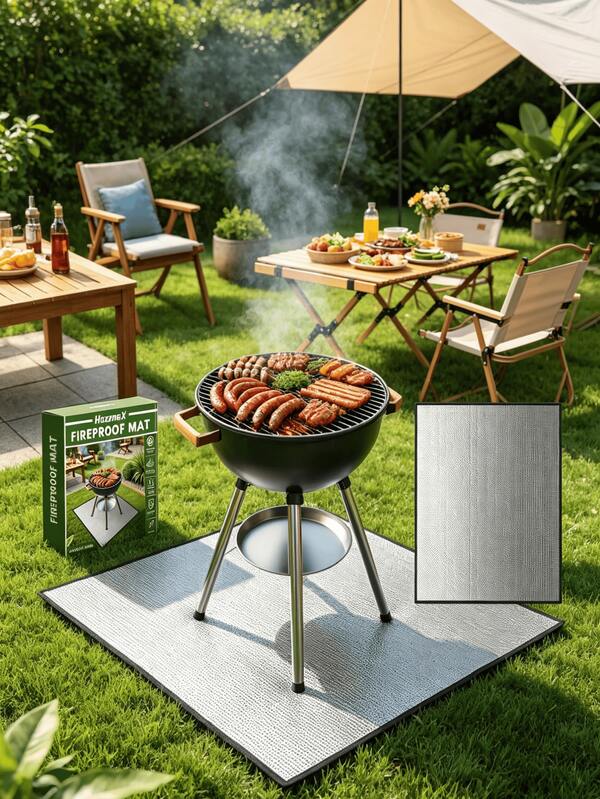 1pc Square Fireproof Grill Mat, Heat Resistant Aluminum Foil Coated Fiberglass Pad, Waterproof Easy-To-Clean Reusable Fireproof Mat To Protect Balcony, Patio, Lawn From Sparks And Oil Splatter, Multipurpose For Outdoor Barbecue, Camping, Fireplace, All Season Use
