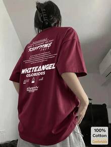 Cotton Letter Graphic Short Sleeve Mid-Length T-Shirt, Stylish Casual Top For Women Summer - Burgundy - View 2