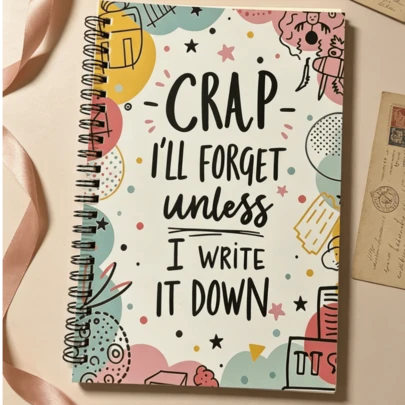 1本“如果不写下来，我就会忘记。”趣味螺旋笔记本。温暖多彩的涂鸦图案日记本。实用文具，适合备忘录、日常记录和创意灵感。非常适合健忘人士、学生和上班族。也是送给朋友和同事的趣味礼物。