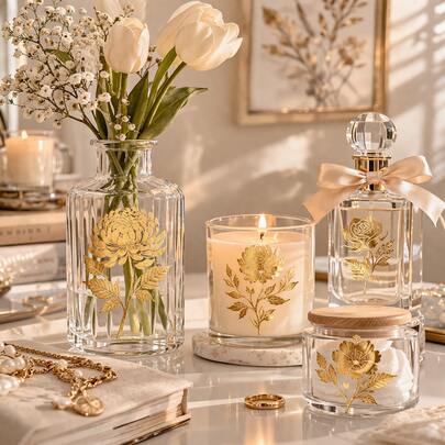 Luxuriöse goldene Blumen Transparente Aufkleber ohne Ränder, Pflanzen Blumen Aufkleber, geeignet für Spiegel, Fenster, Glasvasen, DIY Tagebücher, Geschenkverpackung, eleganter minimalistischer Stil für Schlafzimmer, Schminktisch, Laptops, Notizbücher, frisch femininer ästhetischer Dekor, wasserfeste abnehmbare vintage goldene Blumen Aufkleber