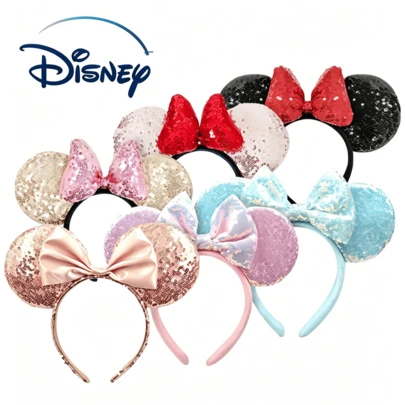 Disney Ear Headband, Lightweight And Portable, Sequined Fabric, Sweet Style, Red And Black Color Blocking, Bow Decoration, Photogenic Hair Accessory.