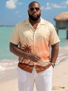 Plus Size Men's Short Sleeve Hawaiian Shirt With Coconut Tree, Beach Sunset Print, Loose Casual Beach Resort Vacation Collared Top, Summer - Apricot - View 1