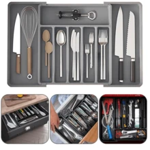 Cutlery Drawer Organiser, Extendable Cutlery Tray, 8 Compartments, Kitchen Storage Adjustable Dividers Plastic For Utensil Spoons Forks Knives - Xem 2