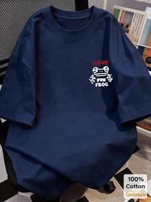 Cute Cartoon Print Short Sleeve Mid-Length T-Shirt, Women's Casual Top Summer - Navy - View 2