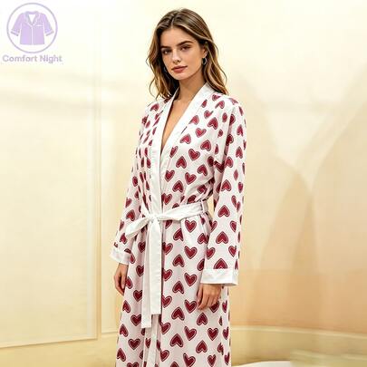 1pc Women's Heart Pattern Satin Robe, Soft Silky Sleeveless Loungewear, Comfortable Casual Sleepwear For Daily Wear, Suitable For Sleeping And Relaxation, Lightweight And Breathable, Perfect Gift For Girlfriend, Wife, Mother, Sister On Birthday, Valentine's Day, Holiday