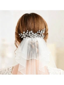 1pc Soft Yarn Rhinestone Leaf Bridal Headpiece Veil Decor,Festival,Birthday - White - View 4