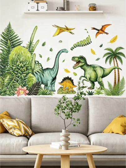 1 Peça Adesivo de Parede com Tema de Dinossauro em Aquarela, Estilo Cartoon Pintado à Mão com Tyrannosaurus Rex, Braquiossauro, Triceratops, Pteranodonte, Cenário de Selva, Efeito Visual 3D, Design de Tyrannosaurus Rugindo, Decoração de Folhagem Falsa. Adesivo Removível e À Prova d'Água de PVC, Adequado para Quarto de Crianças, Sala de Aula, Creche, Centro de Educação Infantil, Área de Brincadeira Infantil.