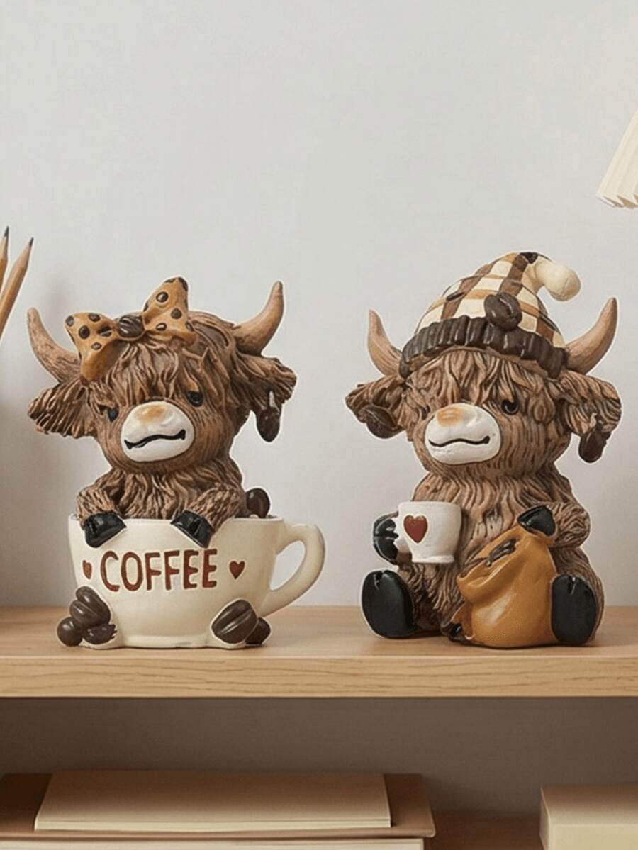 1pc/2pcs Highland Cow Wine Butler Dwarf Resin Sculpture - Scottish Coffee Lover Figurine, Ideal For Home And Office Decor | Aesthetic Room Decor, Unique Gift, Rustic Style Home Decor, Desktop Decoration, Cute Collectible, Farmhouse Style Home Decor - New Model - View 1