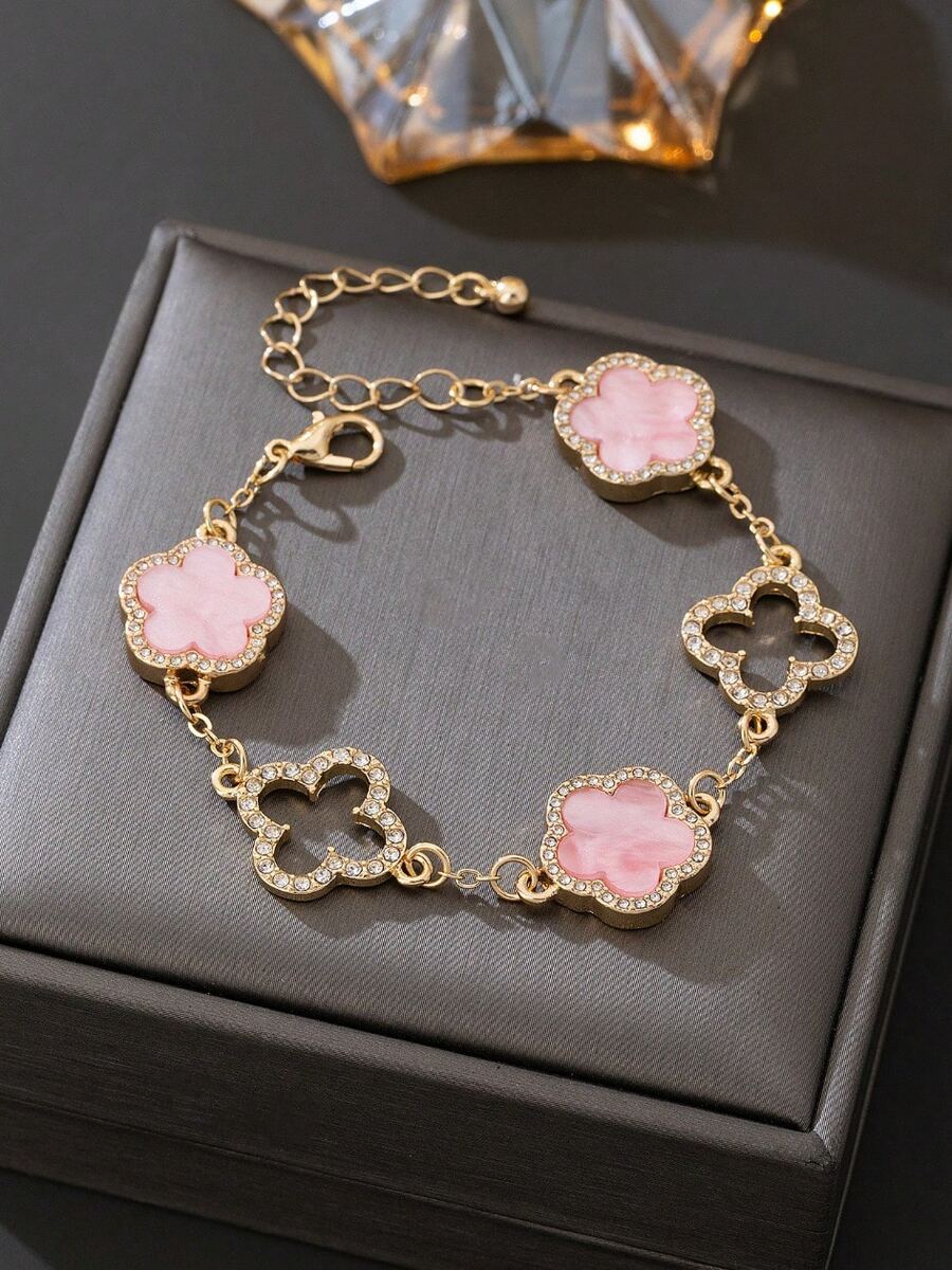 1pc Luxury Elegant Rhinestone Hollow Clover & Flower Charm Bracelet For Women (No Gift Box) - Pink - View 1