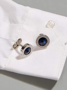 Fashionable and Popular 1pair Men Rhinestone Decor Cufflinks, Stainless Steel Jewelry for Jewelry Gift and for a Stylish Look - Blue - View 4
