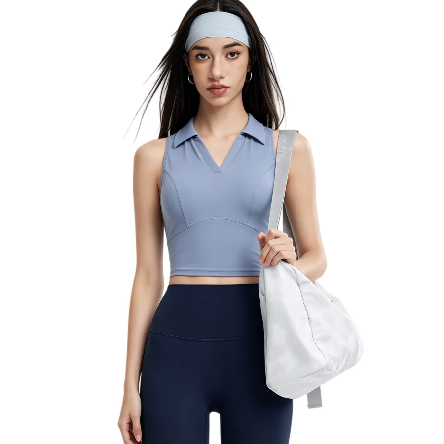 Alo Yoga Polo Neck Vest For Women, Sleeveless Short Yoga Top, Quick-Drying And Breathable Pilates Fitness Wear, Blue - 查看 1