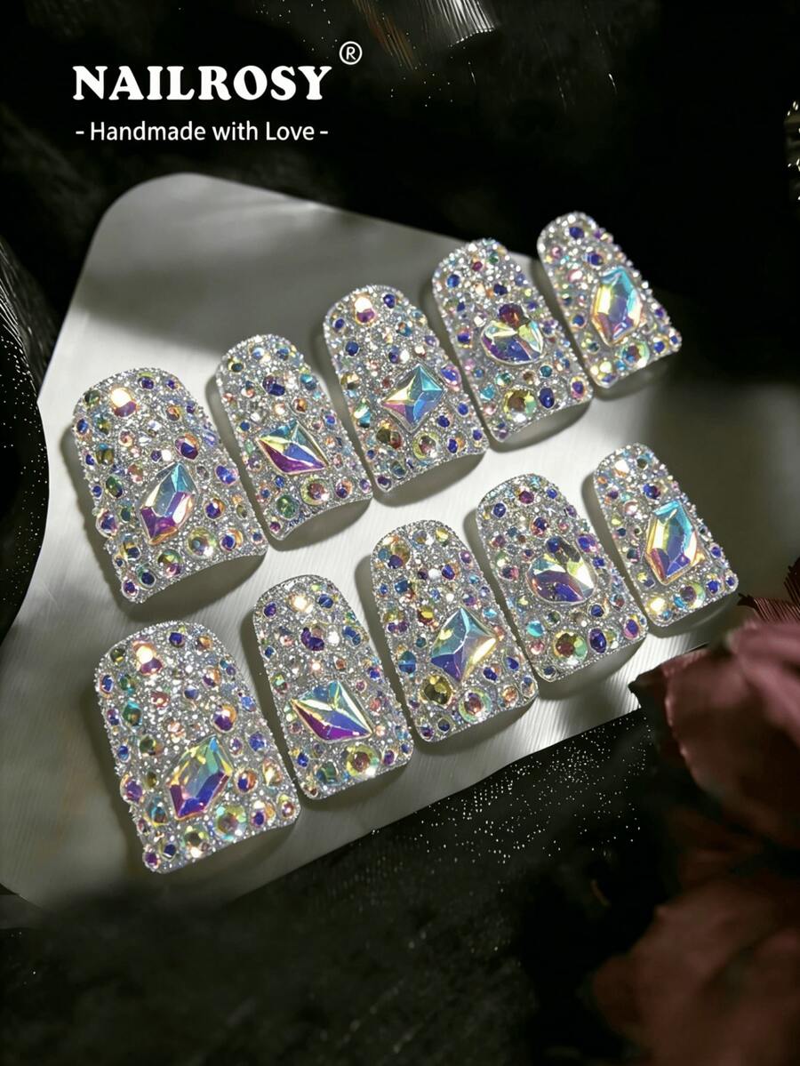 NAILROSY 10片装鸭子美甲贴片，短款，3D立体雕刻花朵，手工按压式美甲贴片，婚礼必备，纯白裸色，透明色，日常通勤，春季新品，轻奢婚礼生日礼物，优质专业沙龙级手工制作，优雅设计，色彩艳丽 - 彩色 - 查看 1