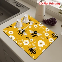 1/10 piezas Alfombra absorbente con estampado de flores amarillas & abejas de primavera/verano, alfombra de tierra de diatomeas súper absorbente y antideslizante adecuada para cafetera, vajilla, tazas, suministros de cocina del hogar, fácil de limpiar - Amarillo - Ver 4