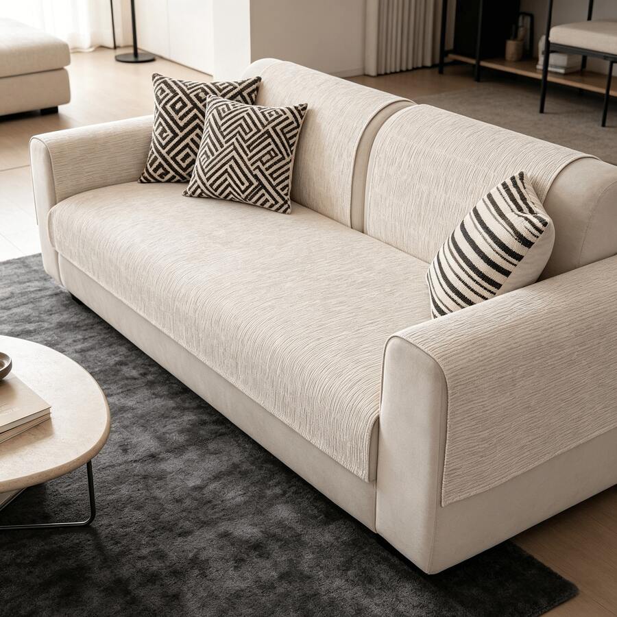 1pc Slip-Resistant Sofa Cover, Washable Chenille Fabric Sofa Protector, Universal Furniture Cover Suitable For Living Room, Beige, Pet & Child Friendly Sofa Slipcover Fit For L-Shaped Sofa, Loveseat, Sofa, 3-Seater Sofa, Corner Sofa (Sold Separately) - Beige - View 1
