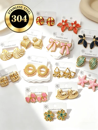 OBOVAY 13对复古304不锈钢珐琅耳环套装，女士18K镀金低过敏蝴蝶结花朵爱心耳钉，时尚首饰批发