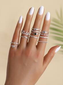 12pcs Metallic Flower And Crown Design Ring For Women, Suitable For Daily, Travel, Business, Party Wearing, Festival, Birthday Gift Valentines,Mom,Mother,Mother's Day,Gift - Silver - View 4