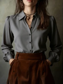 Kemeja Lengan Panjang Wanita Warna Polos Elegan, Blus Kasual Serbaguna untuk Semua Musim - Grey - View 4