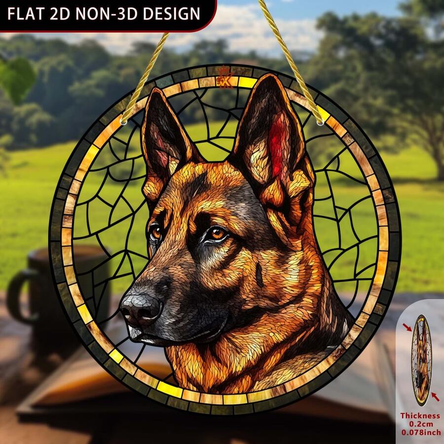 2D平面印刷，1个德国牧羊犬圆形装饰品，彩色花园阳光捕捉器，适合季节性装饰、花园装饰、窗户装饰、家居装饰、万圣节和圣诞节礼物 - [阳光捕捉器]，2D平面 - A - 查看 1