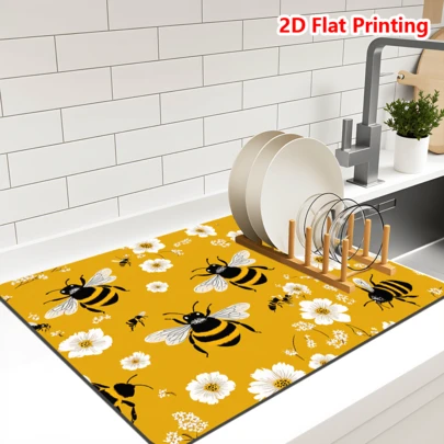 1/10Pcs Spring Summer Yellow Flower Bee Printing Dish Drying Mat, Non-Slip Super Absorbent Diatom Coffee Mats For Espresso Machine Dishes Cup, Household Kitchen Supplies, Easy To Clean