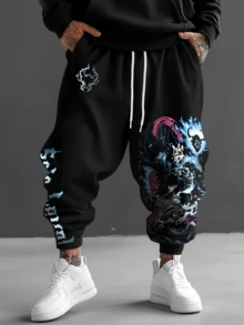 Solo Leveling Graphic Pants,Anime Print Jogging Pants,Black Knitted Elastic Waist Drawstring Joggers,Baggy Sweatpants,Baggy Sweats,Men's Sweatpants,Women's Casual Cinch Bottoms Loose Sweat Pants,Outdoor Activities For All Season - màu đen - Xem 1