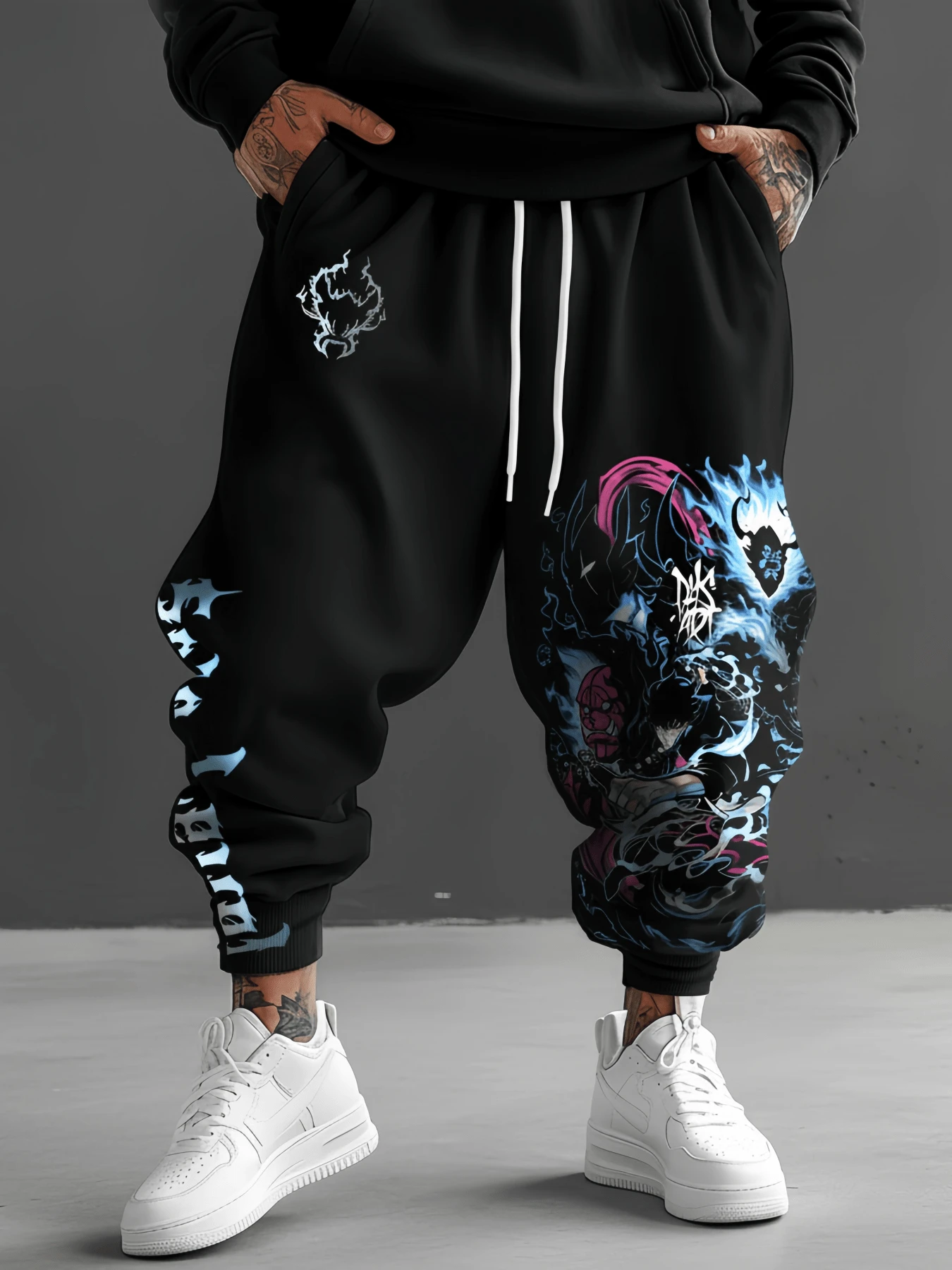 Solo Leveling Graphic Pants,Anime Print Jogging Pants,Black Knitted Elastic Waist Drawstring Joggers,Baggy Sweatpants,Baggy Sweats,Men's Sweatpants,Women's Casual Cinch Bottoms Loose Sweat Pants,Outdoor Activities For All Season - màu đen - Xem 1