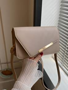 Bolso bandolera de solapa de cadena de unicolor de moda - Caqui - Ver 4