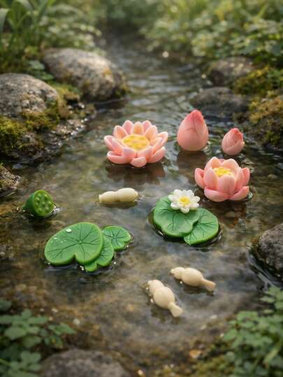 7pcs Mini Resin Lotus Leaf Artificial Floating Lotus Flower Aquarium Decor, Fairy Garden, Pond, Wedding Decoration, Resin Art Fairy Garden Micro Landscape Crafts