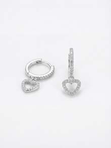 Pendientes de plata 925 chapada en oro blanco con corazón hueco de circonita, pendientes de lujo totalmente pavimentados, hipoalergénicos para orejas perforadas, regalo del Día de San Valentín para mujeres - Oro blanco - Ver 7