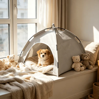 1 chiếc lều cho thú cưng, màu xám nhạt, kiểu bán kín, giường gấp cho mèo, nhà cho chó/mèo 4 mùa, chống trầy xước, chống thấm nước, thiết kế lưới thoáng khí, không gian riêng tư ấm cúng, cấu trúc khung gấp gọn, lắp ráp nhanh chóng, tiết kiệm không gian lưu trữ, lớp đệm dày mềm mại, phù hợp cho mọi mùa.