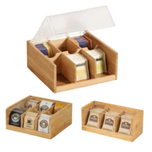 Bamboo Tea Storage Box, Tea Storage Rack, Kitchen Storage Rack, With A Transparent Acrylic Window. This Durable Wooden Tea Container Boasts A Bamboo Finish And Stackable Design. It Is A Versatile Storage Solution Suitable For Tea Bags, Instant Coffee Bags, Snacks, Stationery, And Cosmetic Samples. Boasting Classified Storage, Dustproof, Moisture-Proof, And Desktop Organization Functions, It Is Ideal For Kitchen And Daily Organization. Moreover, It Serves As A Perfect Gift For Storage Festivals, Housewarmings, And Mother's Day. - Camel - View 2