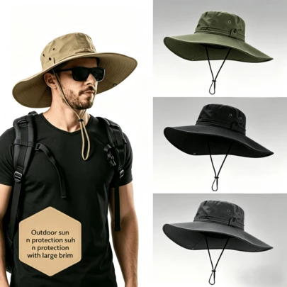 1 chiếc mũ rộng vành gấp gọn dành cho nam, thích hợp cho hoạt động ngoài trời, leo núi, đi biển, câu cá, màu trơn, chất liệu polyester.