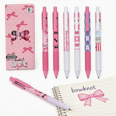 Set de 6 bolígrafos de lazo rosa de secado rápido, punta fina de 0,5 mm, escritura suave, adecuados para uso en oficina y aula. Bolígrafo universal para adultos, oficina en casa, educación, exámenes y talla grande. Set de bolígrafos de tinta neutra/bolígrafos, regalo de papelería para vacaciones, regalo de vuelta al colegio.