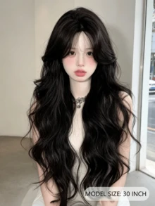 30 Inch Elegant Black Long Loose Wavy Wig With Middle Part Bangs, Soft Fluffy Long Wavy Heat-Resistant Synthetic Fiber Wig, Suitable For Women, Great For Vacation, Party And Daily Wear - Multicolor - View 2