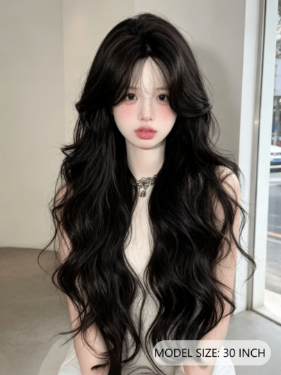 30 Inch Elegant Black Long Loose Wavy Wig With Middle Part Bangs, Soft Fluffy Long Wavy Heat-Resistant Synthetic Fiber Wig, Suitable For Women, Great For Vacation, Party And Daily Wear