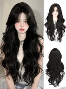 30 Inch Elegant Black Long Loose Wavy Wig With Middle Part Bangs, Soft Fluffy Long Wavy Heat-Resistant Synthetic Fiber Wig, Suitable For Women, Great For Vacation, Party And Daily Wear - Multicolor - View 3