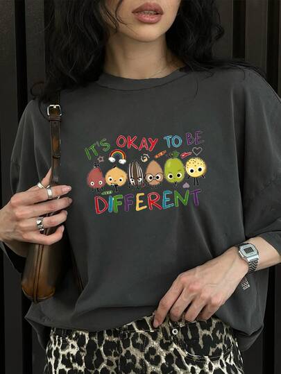 夏季新款简约时尚水果印花圆领短袖T恤，百搭休闲女装