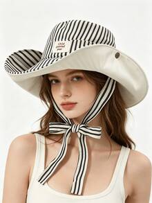 1顶欧美新款条纹渔夫帽，女士春夏新款大帽檐牛仔户外遮阳帽，带帽带，防晒 - 多色 - 查看 4