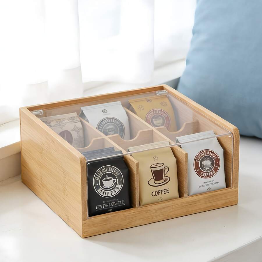 Bamboo Tea Storage Box, Tea Storage Rack, Kitchen Storage Rack, With A Transparent Acrylic Window. This Durable Wooden Tea Container Boasts A Bamboo Finish And Stackable Design. It Is A Versatile Storage Solution Suitable For Tea Bags, Instant Coffee Bags, Snacks, Stationery, And Cosmetic Samples. Boasting Classified Storage, Dustproof, Moisture-Proof, And Desktop Organization Functions, It Is Ideal For Kitchen And Daily Organization. Moreover, It Serves As A Perfect Gift For Storage Festivals, Housewarmings, And Mother's Day. - Camel - View 1