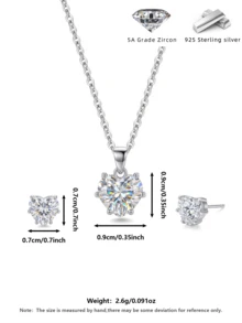 S925纯银镀白金心形锆石首饰套装，心形吊坠项链和耳钉，低过敏性浪漫女士首饰，含礼盒 - 白金 - 查看 2