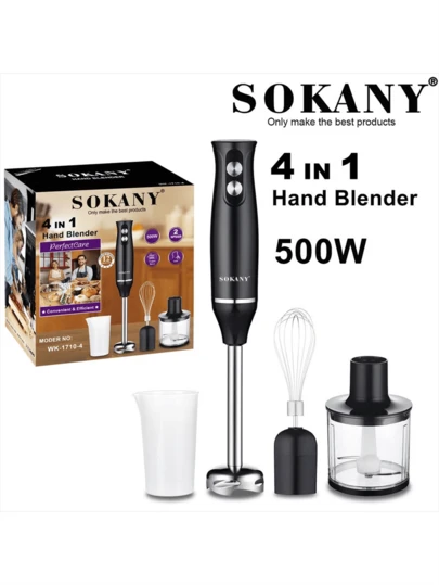 SOKANY 4-In-1 Multifunctional Electric Mixer, 500W High Power, Dual Speed Adjustment, Detachable Base. Includes Main Unit, Mixing Shaft, Whisk, Meat Grinder Bowl, And Grinding Cup. Suitable For Whipping, Mixing Meat, Making Baby Food And Juicing. Ideal For Home And Hotel Use As A Whisk, As Well As Fruit And Food Supplements.