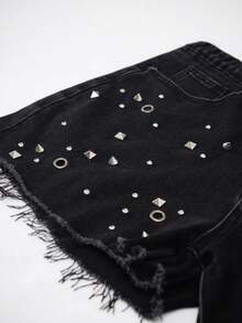 Women's Casual Rivet Frayed Hem Denim Shorts, Fashionable Straight Leg Style, Slightly Stretchy, Suitable For Party Wear Vacation - Black - View 6
