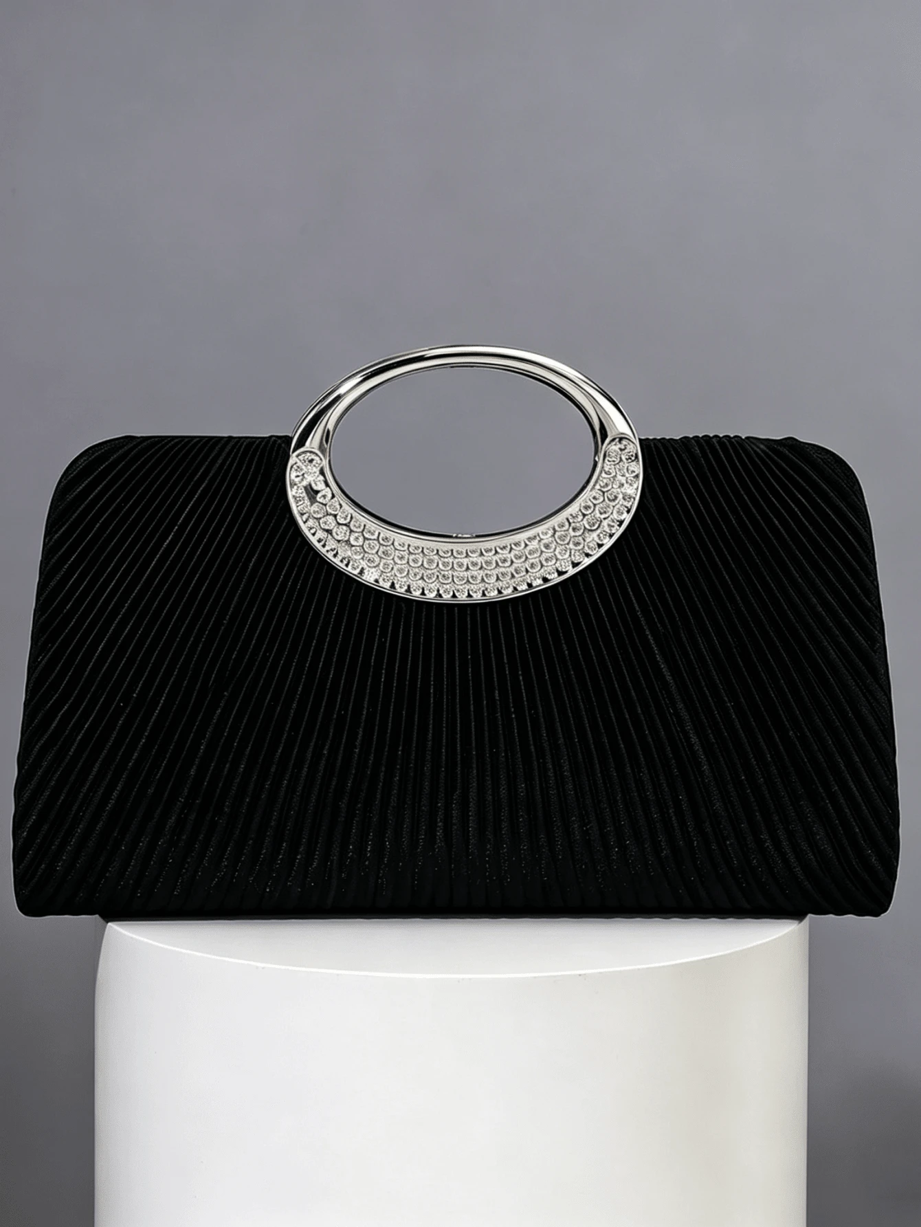 Lightweight Business Casual Water Crystal Decor Bucket Bag, Mini Drawstring Design Transparent Faux Leather Clutch, Elegant Luxury Refined Quiet Glamorous Water Crystal Party Bag For Women, Girls, Brides, Perfect Match For Party Dresses, Graduation Gowns, Wedding Attire - Black - View 1