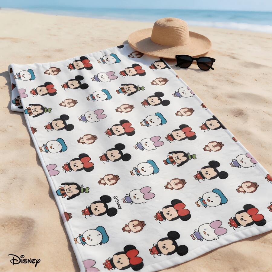 Miniso 迪士尼米奇和朋友们沙滩巾，可爱Q版人物头像印花，超柔软泳池巾，适合夏季度假、海滩、游泳和旅行 - A - 查看 1