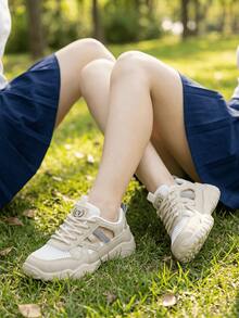 2026 Summer Women's Hollow Breathable Contrast Color Round Toe Low-Top Lace-Up Thick-Soled Wedge Heel Outdoor Casual Sports Style Sandals, Versatile Mesh Khaki Sports Sandals - Khaki - View 4