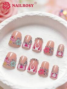 10 piezas Kit de uñas postizas hechas a mano | Estilo Y2K Kawaii con diseños de helado, estrella, lágrima, gema, llama, rejilla, rhinestone, durazno, desnudo, corto, forma de pato y ala, incluye caja de regalo - Nailrosy - Multicolor - Ver 2