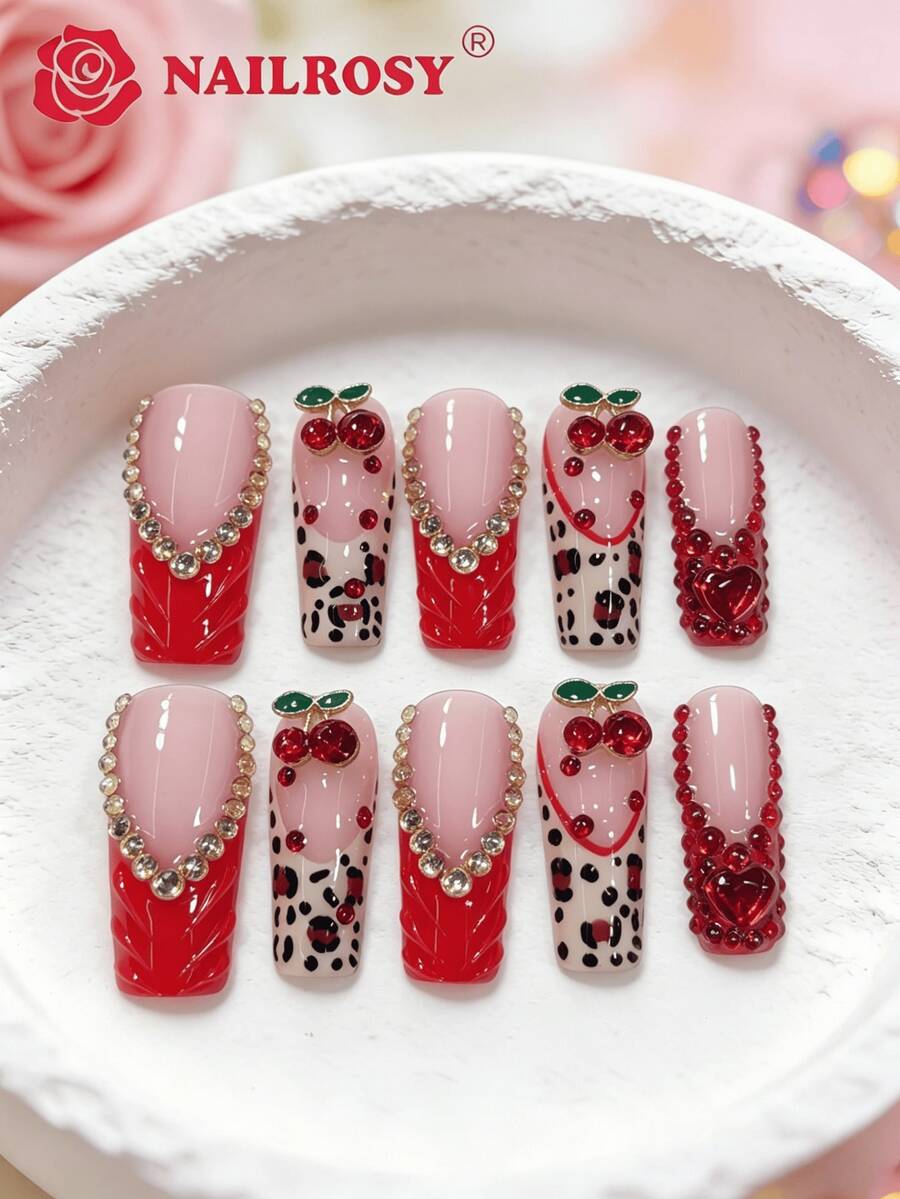 nailrosy 10 móng giả vuông 3D màu hồng Dopamine thủ công, có thể tái sử dụng, đính đá | Đầu móng nhọn kiểu Pháp nhiều màu sắc bóng bẩy - Hồng - Xem 1
